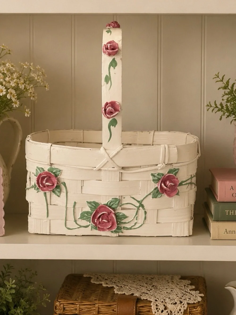 Vintage Hand-Painted Cream Rose Accent Basket
